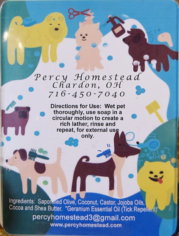 This is a picture of a package of Dog Shampoo called Doggone I Smell Good! Blue background with cats and dogs in various stages of grooming pictures. This is the back of the front of the Pet Shampoo. Listing directions and Ingredients.